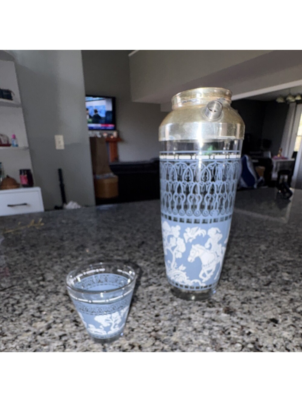 vintage Hazel Atlas "Arabian Knights" cocktail shaker and matching glass.